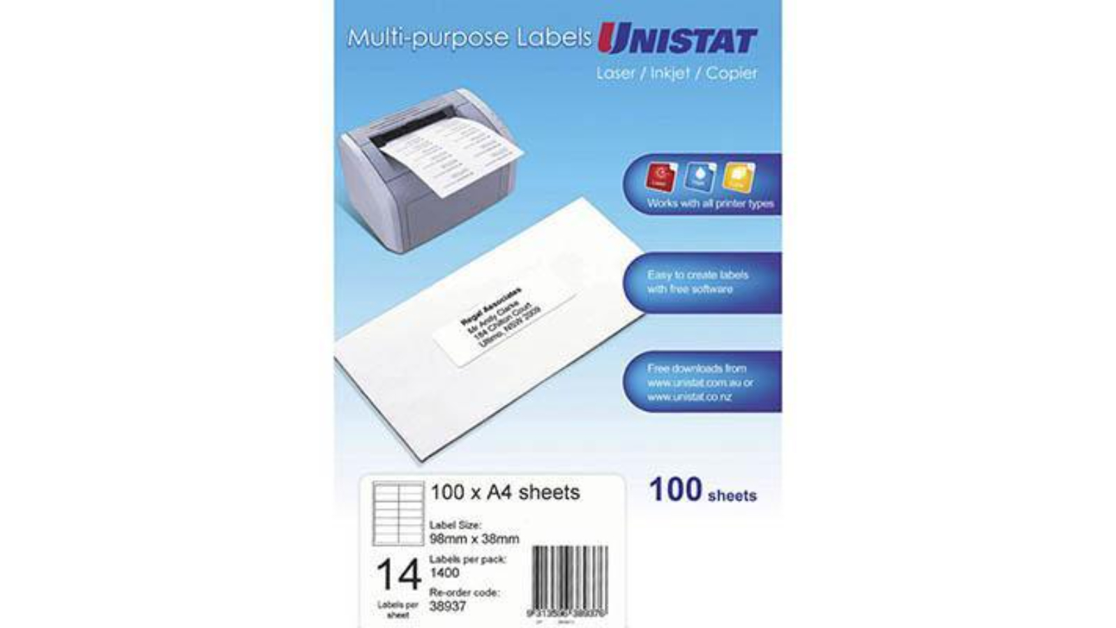Unistat 38937 Pack of 100 9.8 x 3.8cm 14UP Multi-Purpose Label - White