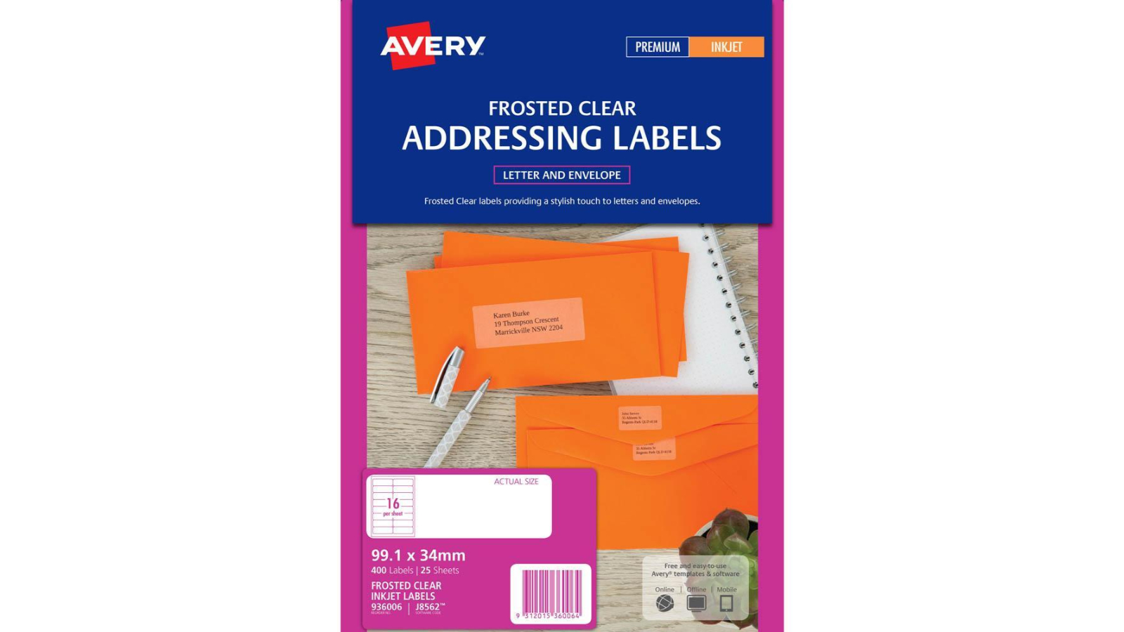 Avery Pack of 25 16Up Frosted Inkjet Address Label - Clear