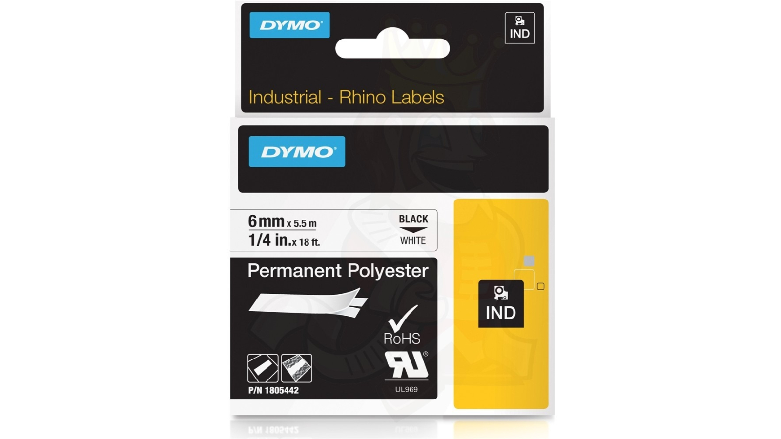 Dymo Black/White Rhino Permanent Polyester Industrial Tape - 0.6cm
