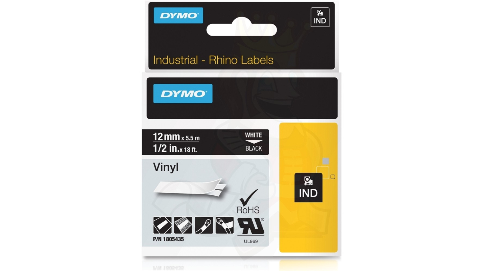Dymo White/Black Rhino Vinyl Industrial Tape - 1.2cm