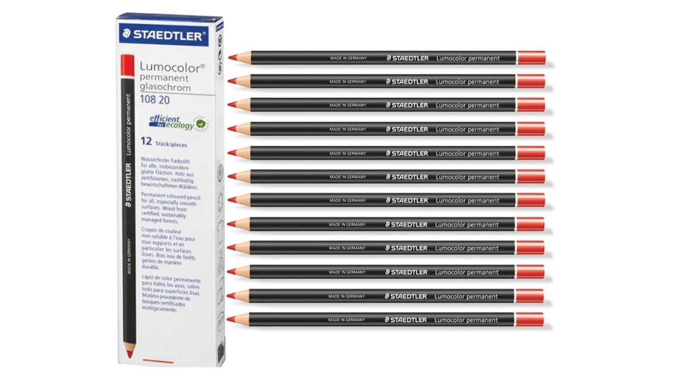 Staedtler Box of 12 108 Lumocolor Permanent Glasochrom Pencil - Red