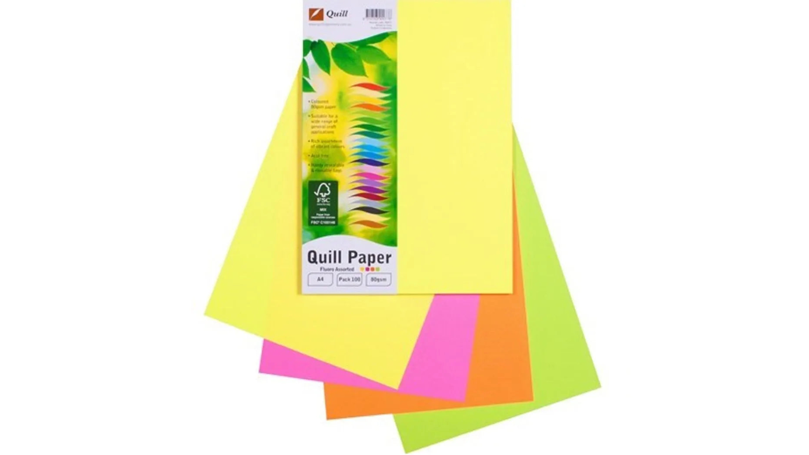 Quill Pack of 100 80gsm A4 Assorted Coloured Copy Paper - Fluoro
