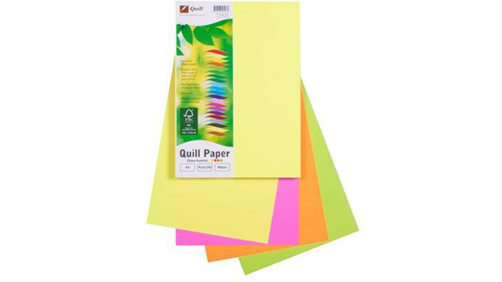 Quill Pack of 250 80gsm A4 Assorted Coloured Copy Paper - Flouro 