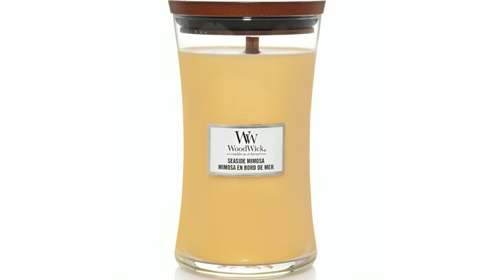 WoodWick Seaside Mimosa Crackles as it Burns 610g Hourglass Large Candle