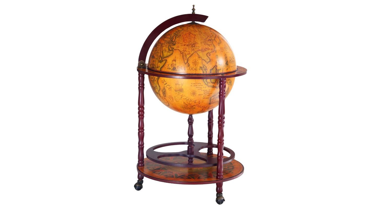 LUXSUITE Antique Globe Drinks Mini Round Mobile Stand Cabinet Serving Trolley