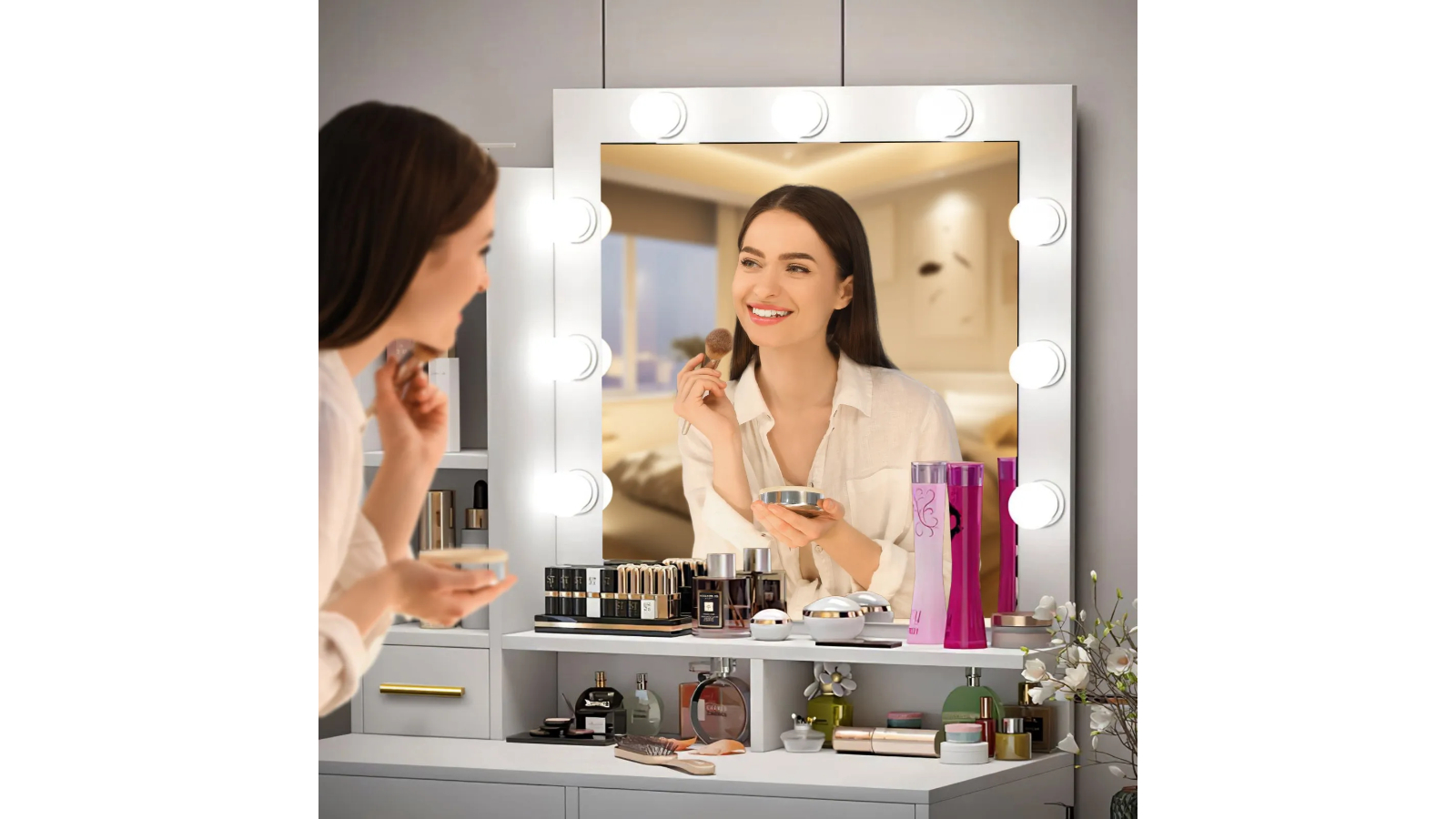 Maxkon Makeup Mirror Vanity Dressing Desk with 9 LED Light 4 Drawer 3 Lighting Colour Harvey Norman