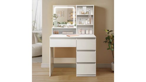 Maxkon Makeup Dressing Desk with Mirror LED Light Strip/4-Drawer/3 Compartment/3 Lighting Colour - White