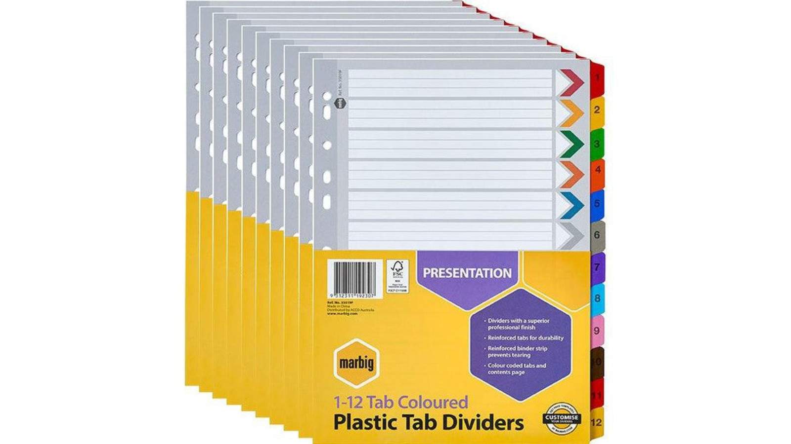 Marbig Pack of 10 Manilla 1-12 Number Tab A4 Assorted Index Divider