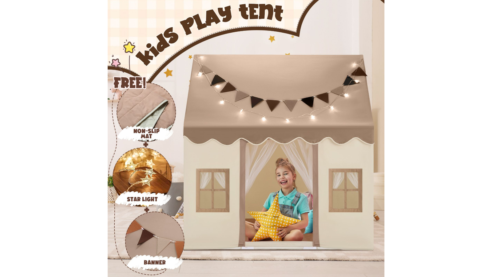 Kids Play Tent Playhouse Princess Castle with Mat Star Lights Banner Door and Window