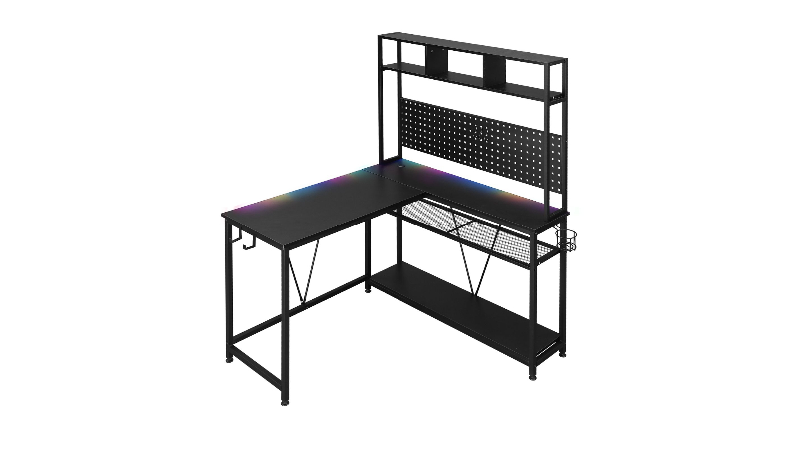L-Shaped Gaming Desk with RGB LED Light Shelve Pegboard