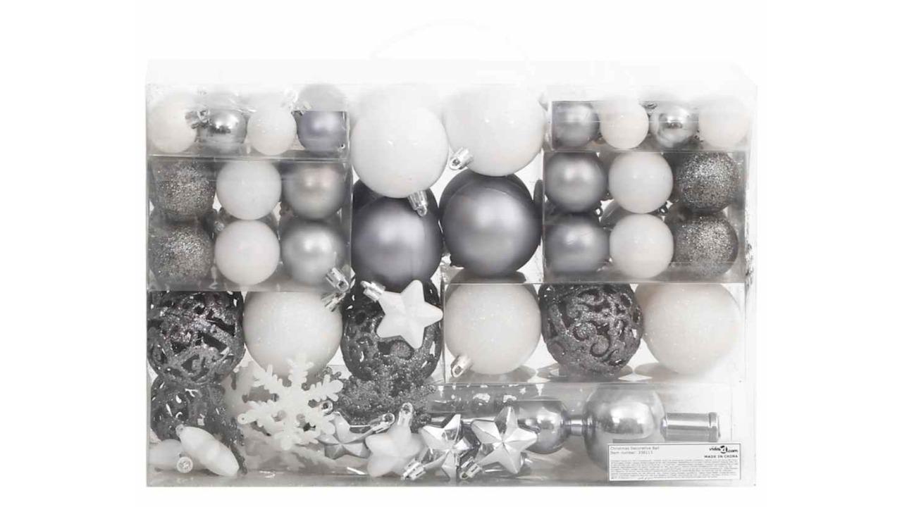 vidaXL 111 Piece Christmas Bauble Set - White and Grey Polystyrene