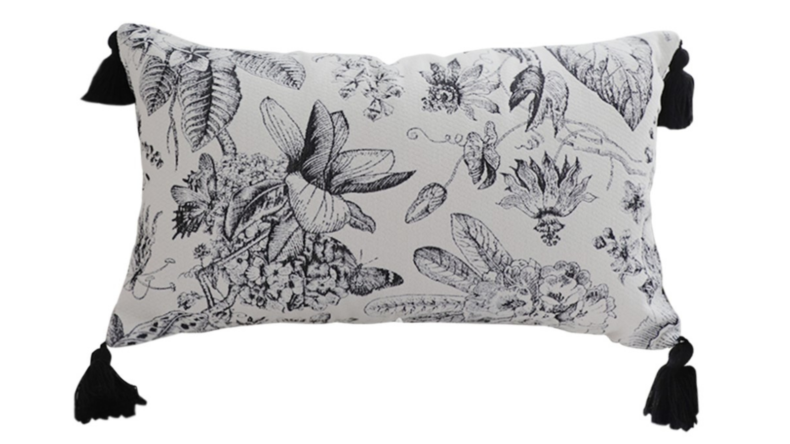 Soga 35cm Black/White Elegant Floral Print with Tassel Accents Throw Pillow Cushion