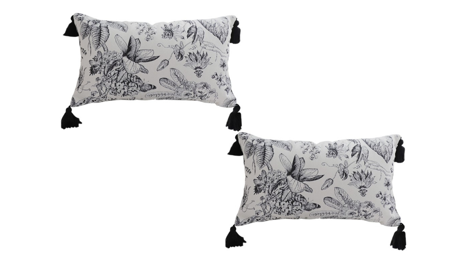Soga 2 Piece 35cm Black/White Elegant Floral Print with Tassel Accents Throw Pillow Cushion