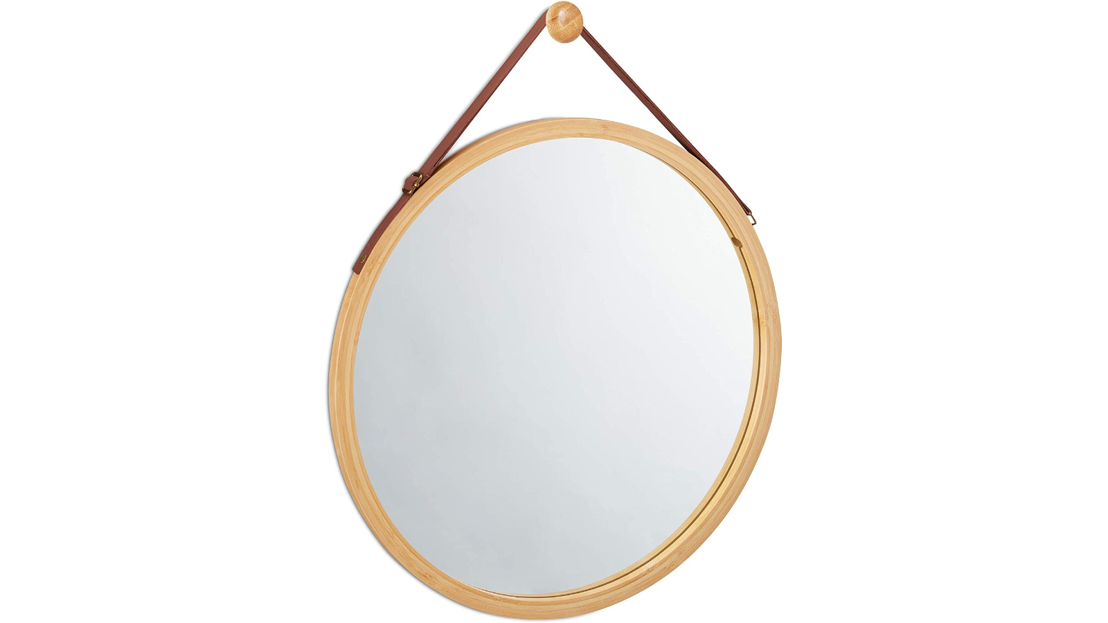 Carla Home Solid Bamboo Frame and Adjustable Leather Strap Round Hanging Wall Mirror - 45cm