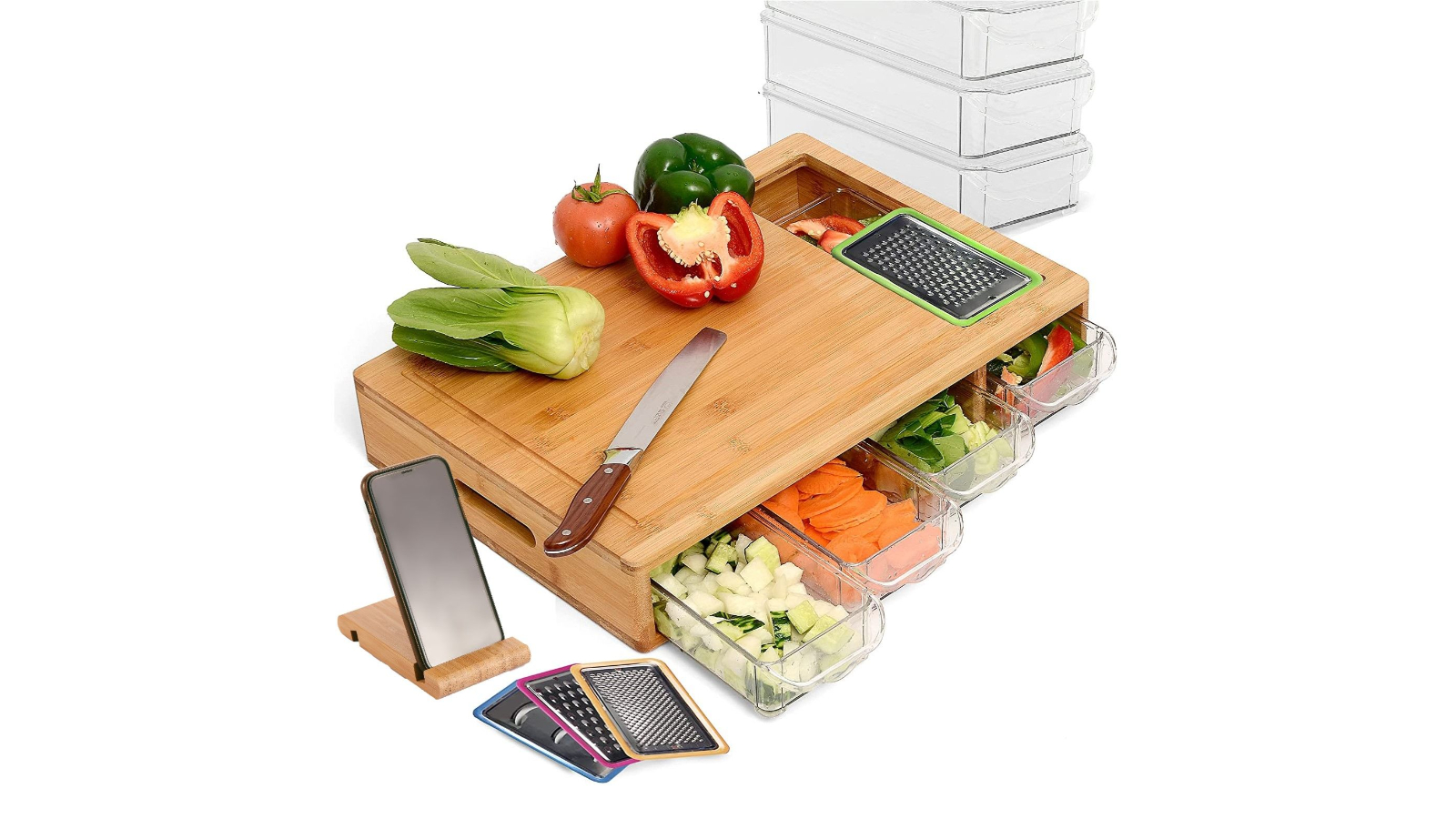 Carla Home Large Bamboo Cutting Board and 4 Container with Mobile Holder Gift