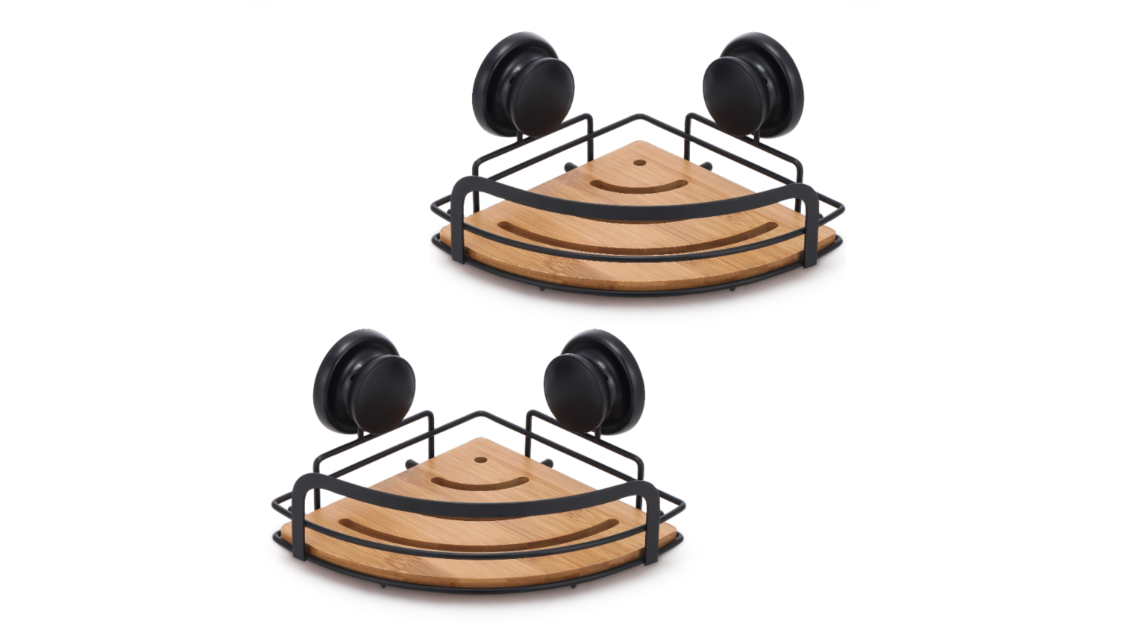 Carla Home Pack of 2 Round Bamboo Corner Shower Caddy Rack with Premium Vacuum Suction Cup