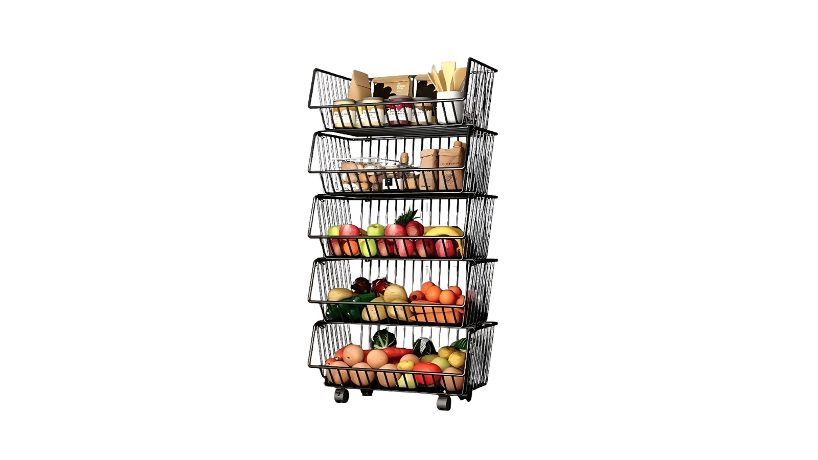 Carla Home Metal 5-Tier Rolling Vegetable and Fruit Basket Cart Stand for Kitchen