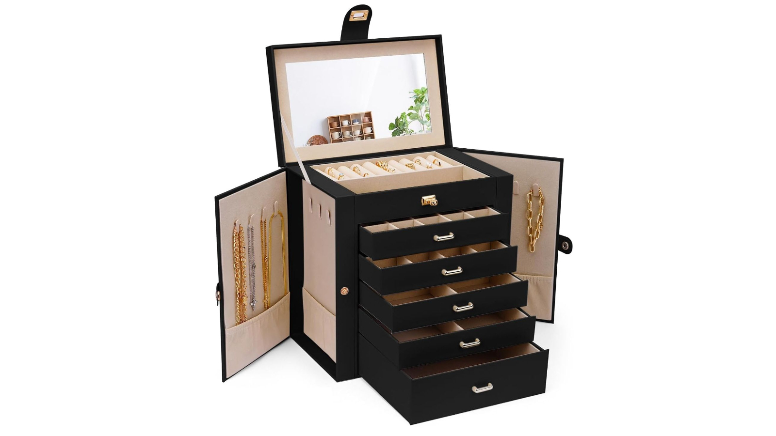 Carla Home 6-Layer Large Jewelry Box with Drawers Mirror Lock Side Compartment - Black