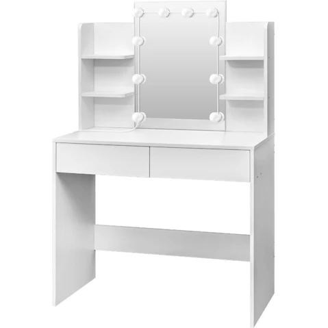LUXSUITE 6-Shelve Hollywood Mirror Vanity Table with 10 LED Light - White