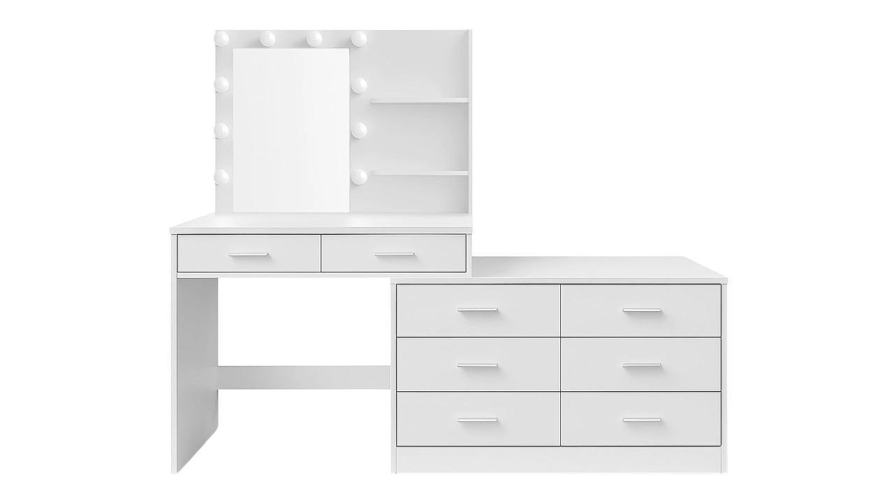 Crazy Sales 2-Shelve White Vanity Dressing Mirror Table with 10 LED Lighted Bulb 