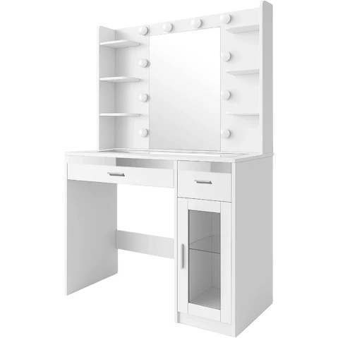 Crazy Sales Hollywood 10 LED Lighted Mirror 2-Drawer 6-Shelve White Vanity Dresser Desk