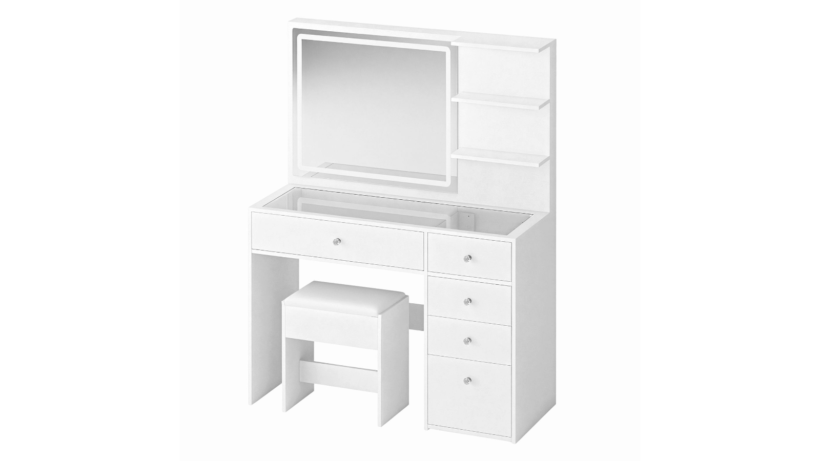 Crazy Sales LED Lighted Mirror 5-Drawer 2-Shelve Glass Tabletop White Dressing Table Stool Set