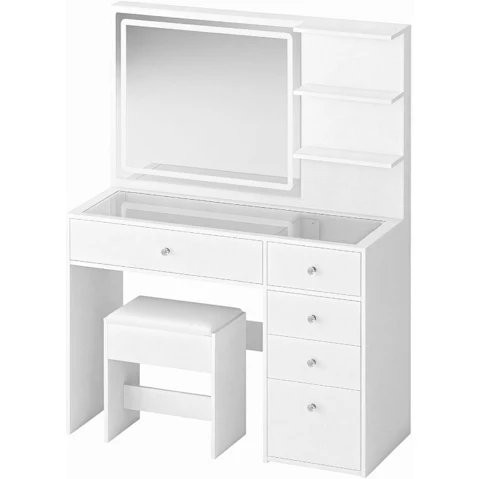 Crazy Sales LED Lighted Mirror 5-Drawer 2-Shelve Glass Tabletop White Dressing Table Stool Set