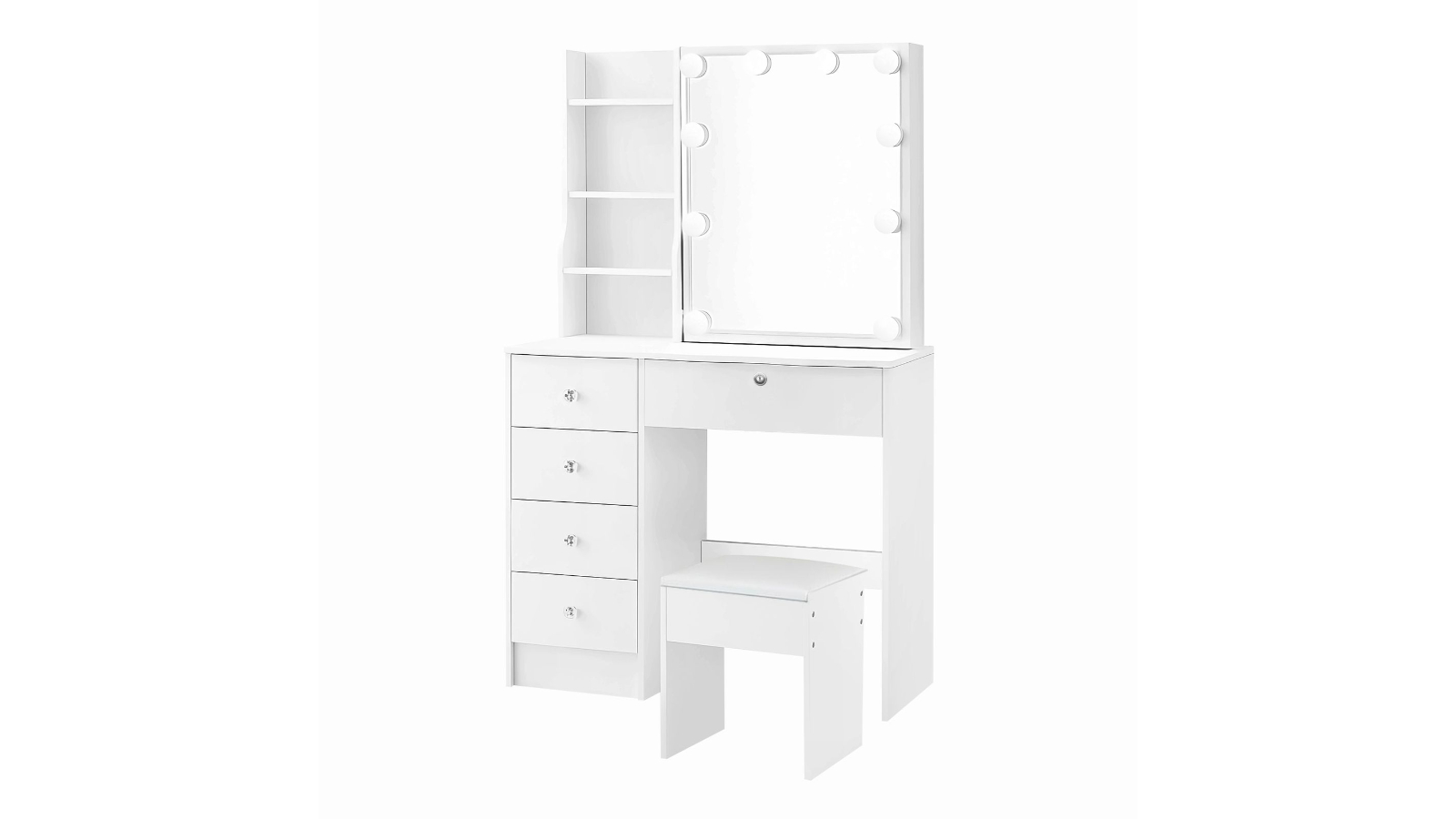 Crazy Sales 4-Shelve White Dressing Table and Stool Set with 10 LED Lighted Mirror