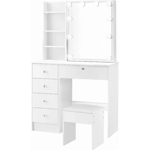 Crazy Sales 4-Shelve White Dressing Table and Stool Set with 10 LED Lighted Mirror