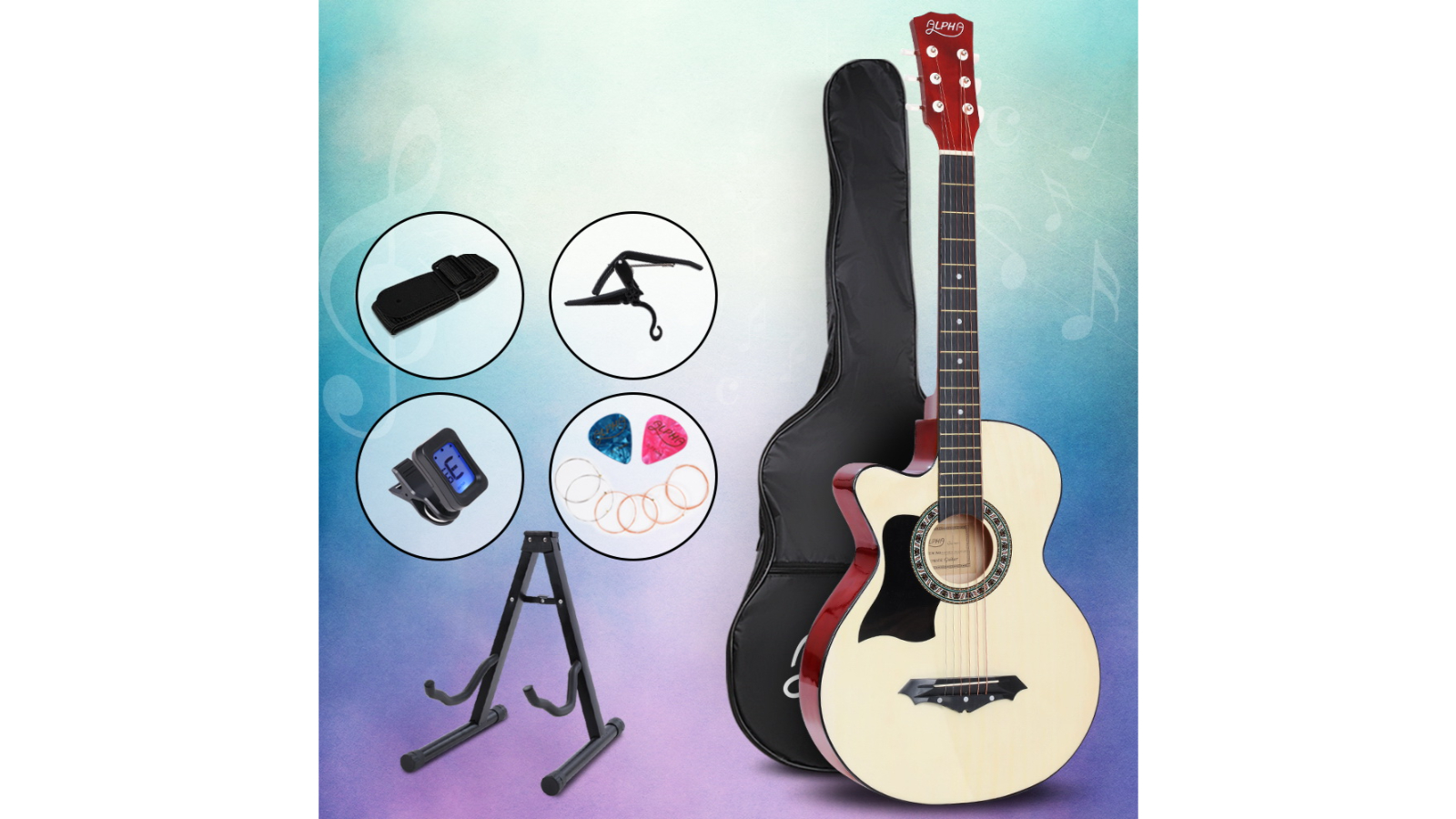 Alpha 38-inch Wood Acoustic Guitar Left Hand Capo - Natural