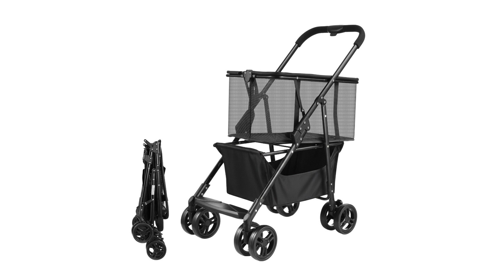 2-Tier Foldable Shopping Trolley with Wheel