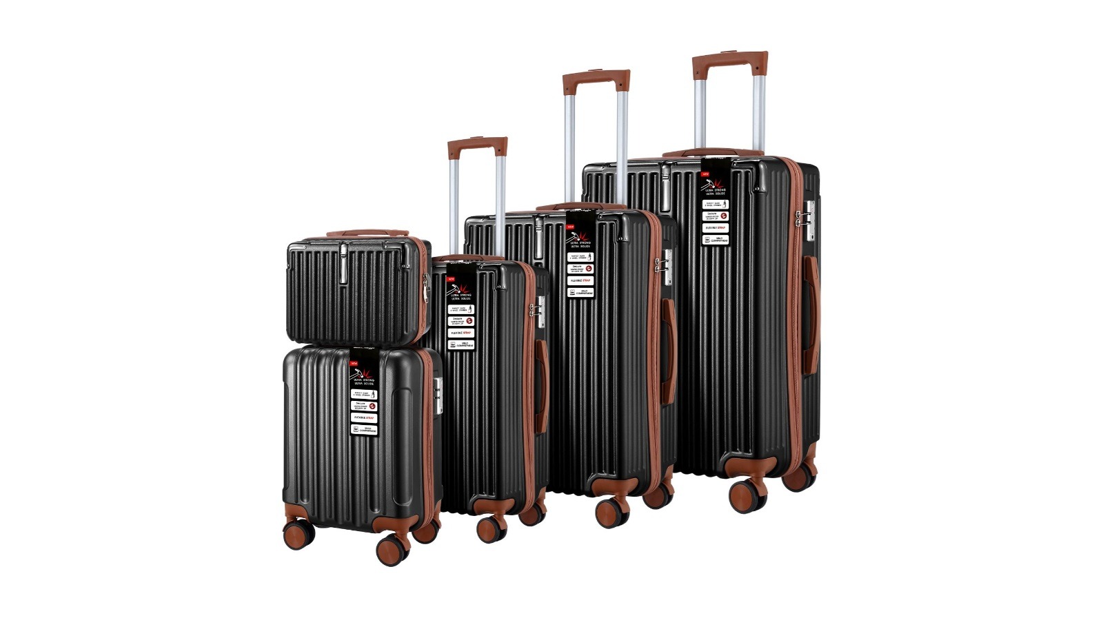 Buon Viaggio 5 Piece Hard Case Lightweight Suitcase with TSA Lock and Front Hook - Black