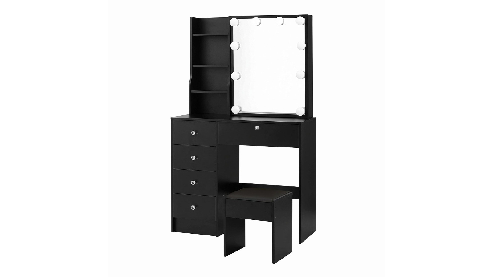 5-Drawer and 4-Shelf Dressing Table and Stool Set with LED Hollywood Mirror - Black