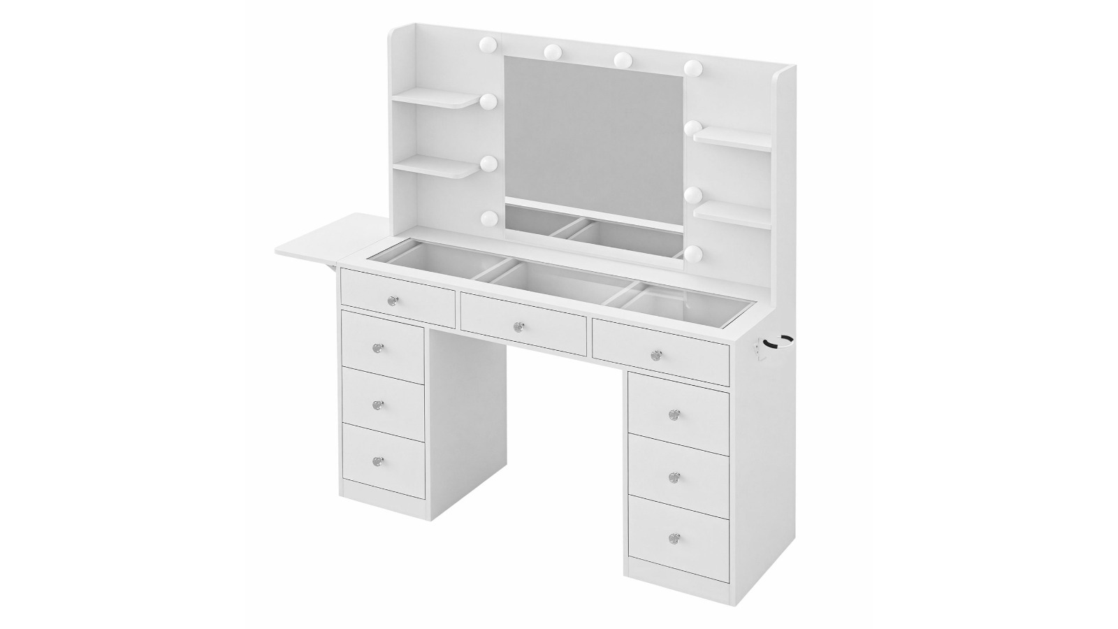 9-Drawer Dressing Table and Stool Set with LED Mirror Glass Top and Hair Dryer Holder