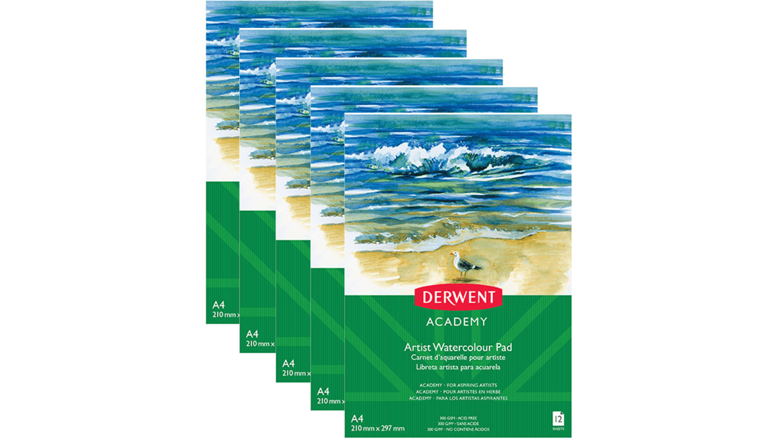 Derwent Pack of 5 A4 Academy Watercolour Pad - 12 Sheet