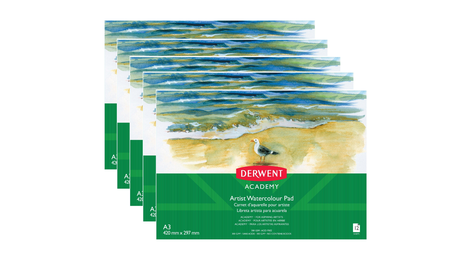 Derwent A3 12 Sheet Academy Artist Watercolour Pad - Pack of 5