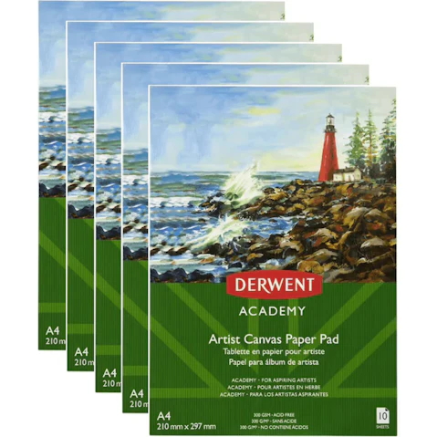 Derwent Paxck of 5 A4 Academy Artist Canvas 300gsm Paper Pad - 10 Sheet