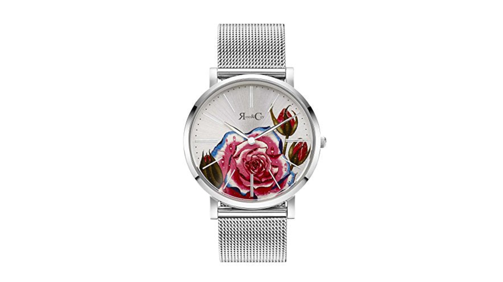 Rose and Coy 4cm Women's Quartz Art Series Pink Rose Ultra Slim Mesh Strap Watch - Silver