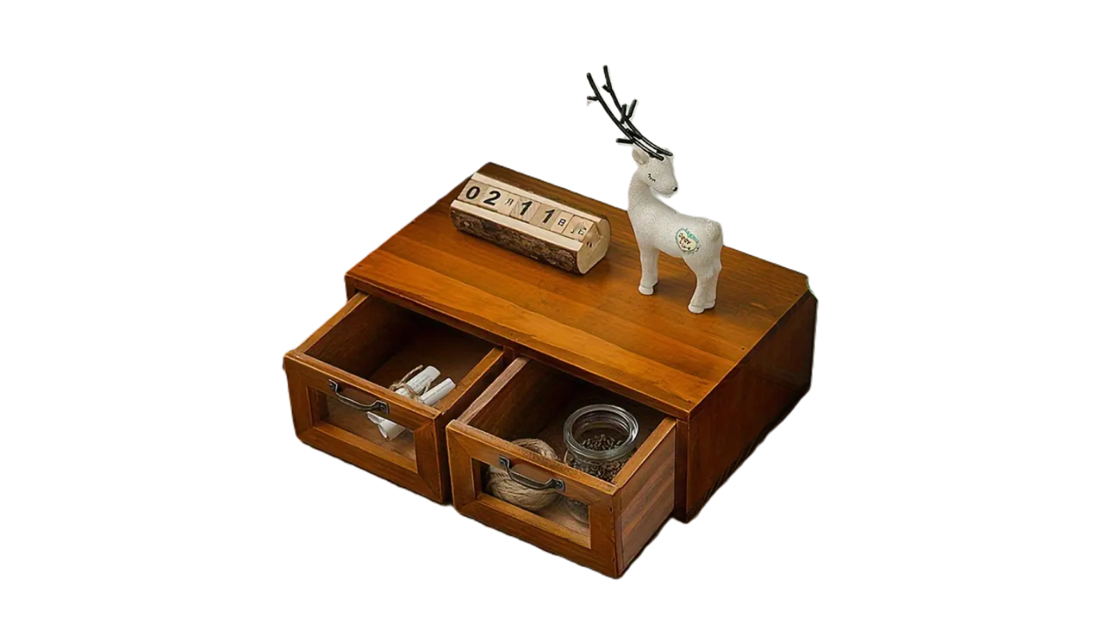 NNEOBA Vintage Wooden Desk Organizer with Glass Double Drawer Size