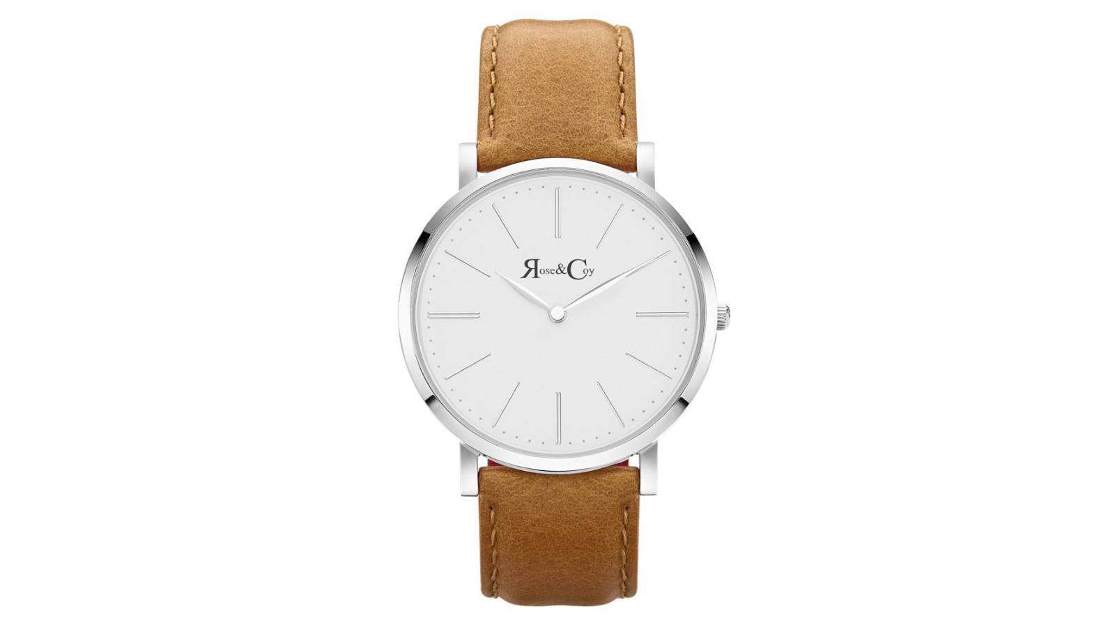 Rose and Coy 4cm Pinnacle Ultra Slim Tan Leather Watch - Silver