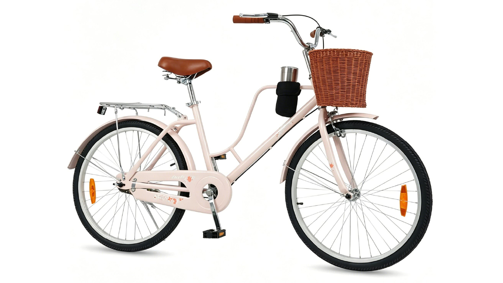 Costway Pink Adjustable Beach Cruiser Bike with Basket Rear Rack and Cup Holder