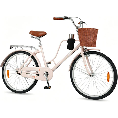 Costway Pink Adjustable Beach Cruiser Bike with Basket Rear Rack and Cup Holder