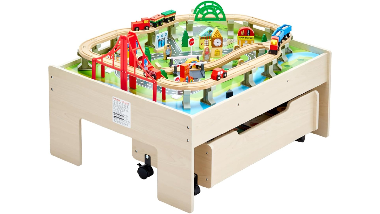Pretty & Practical 100 Multicolor Pieces Wooden Train Table,  Kids Activity Table with Rolling Storage Drawer for Kids Ages 3+