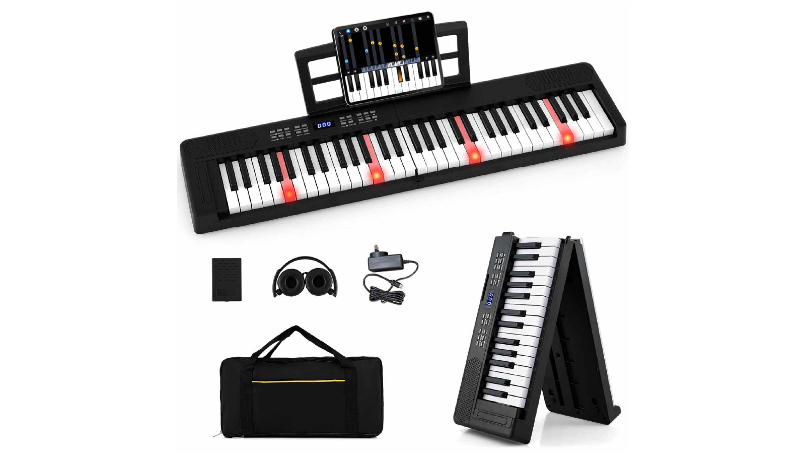 Costway 61-Key Foldable Electronic Keyboard  with Music Stand Headphone and Bag - Black