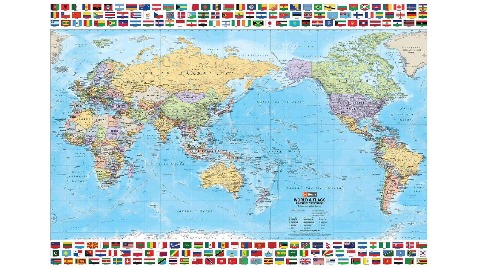 Hema Maps Laminated Paper World and Flags Wall Map - Large