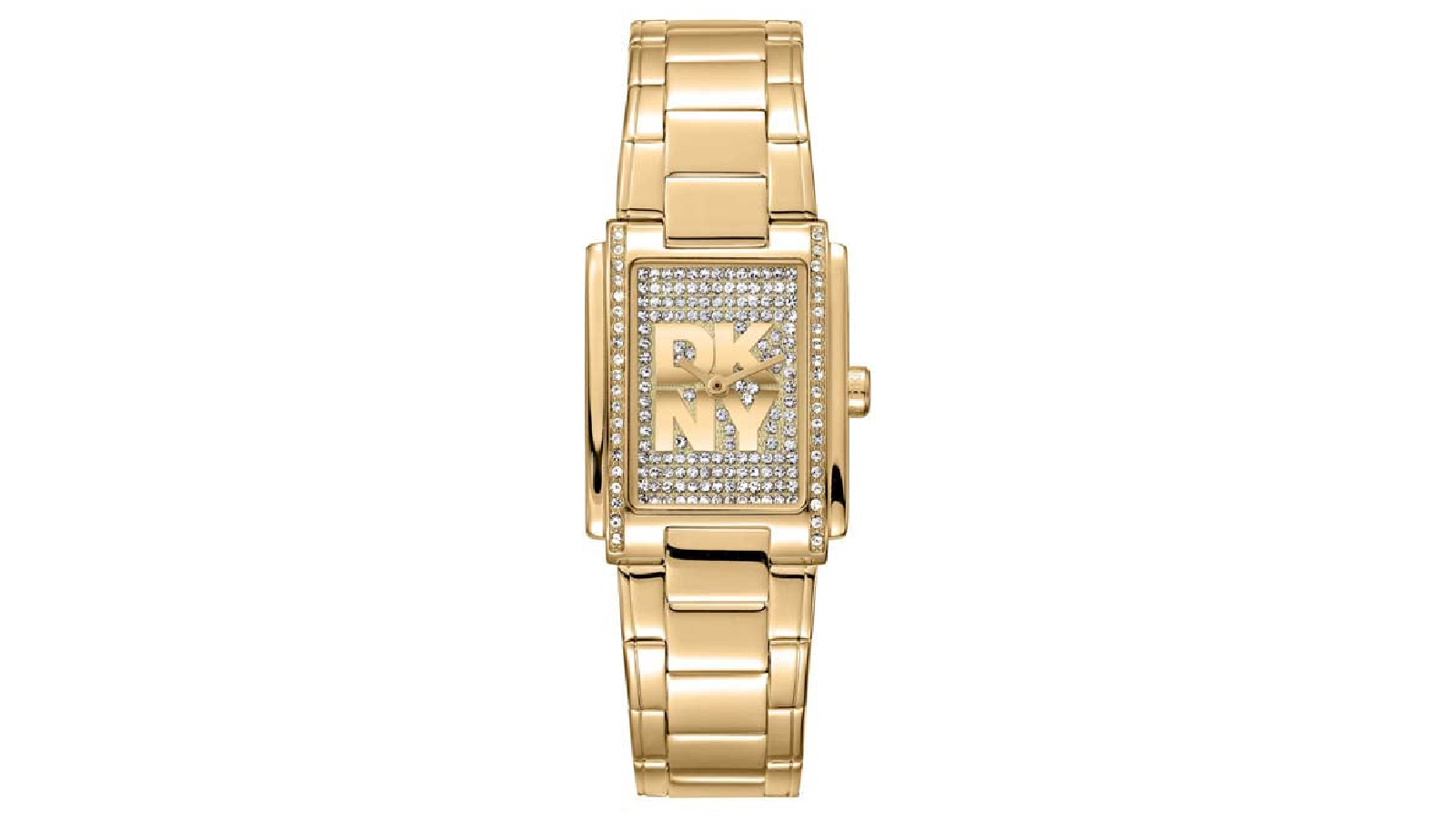 DKNY Logo Womens Rectangle Stainless Steel Watch with Crystal Encrusted Dial - Gold