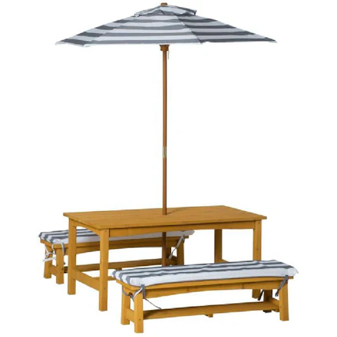 Hide & Seek Kids Table & Bench Set with Umbrella & Cushions - Grey & White
