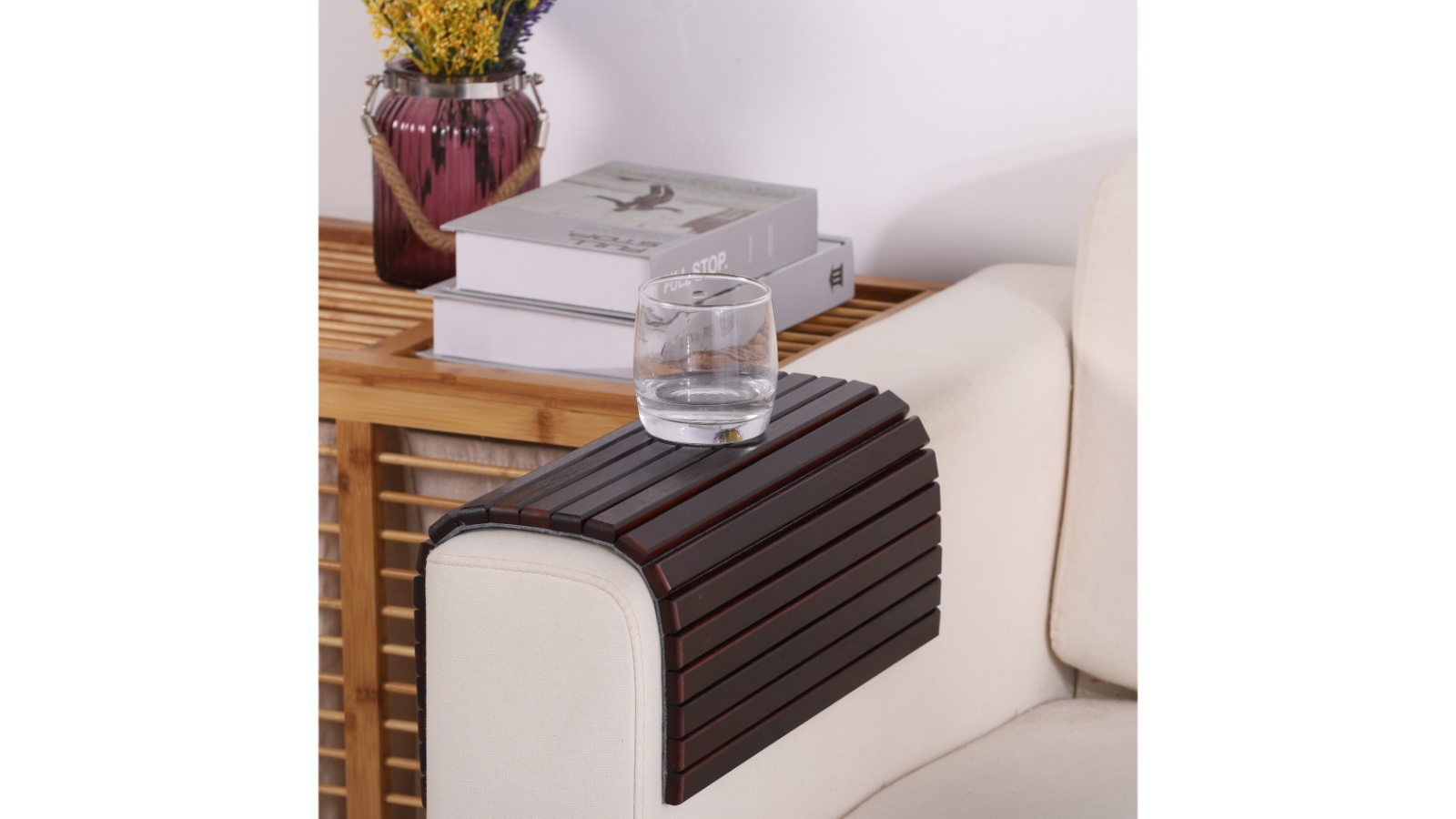 Sherwood Home Flexible Bamboo Sofa Armrest Tray with Non-Slip Base Brown - 42x33.5x1.2cm