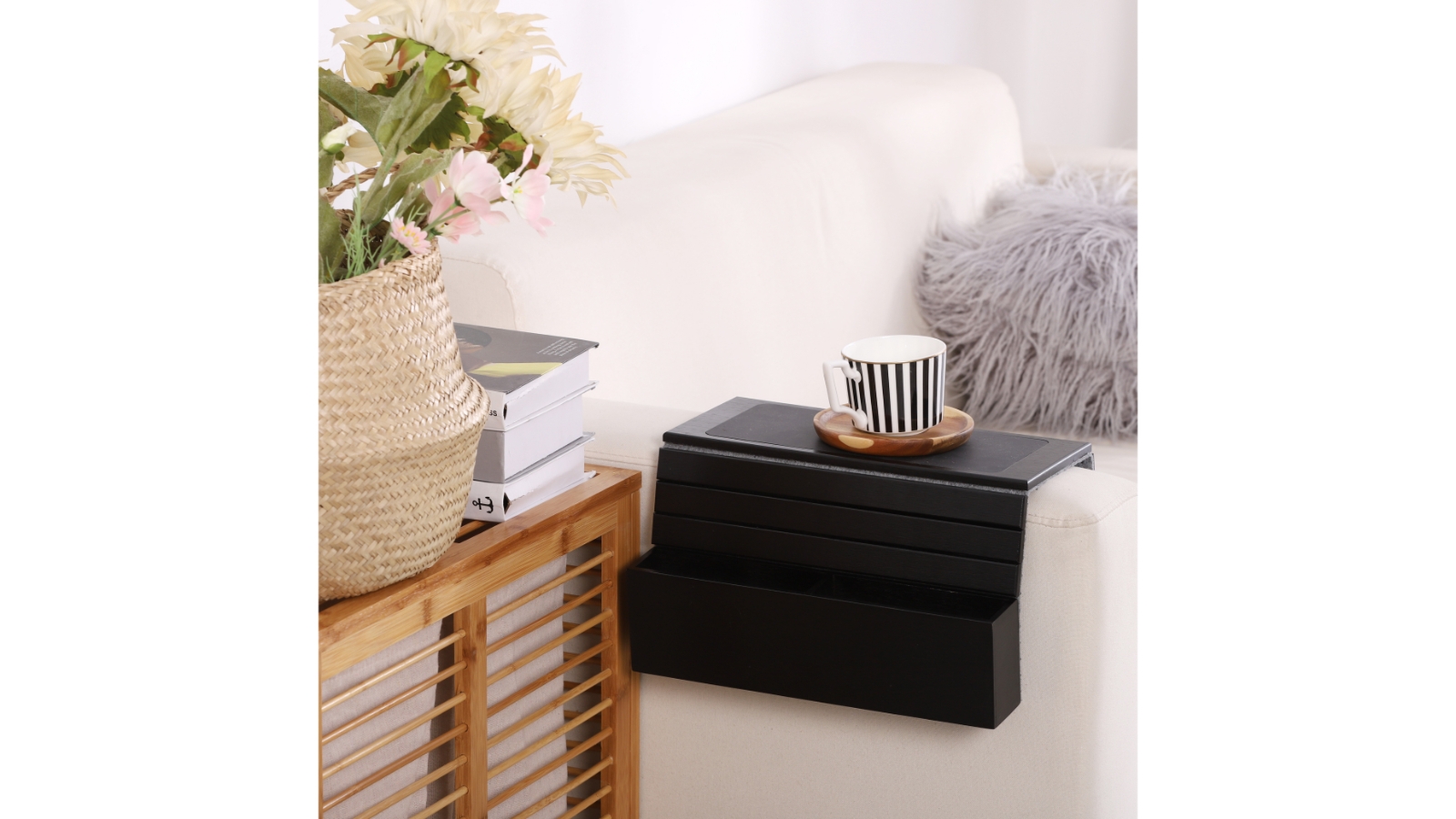 Sherwood Home Flexible Bamboo Sofa Armrest Tray with Remote Pocket Caddy Organiser - 46x32x6cm