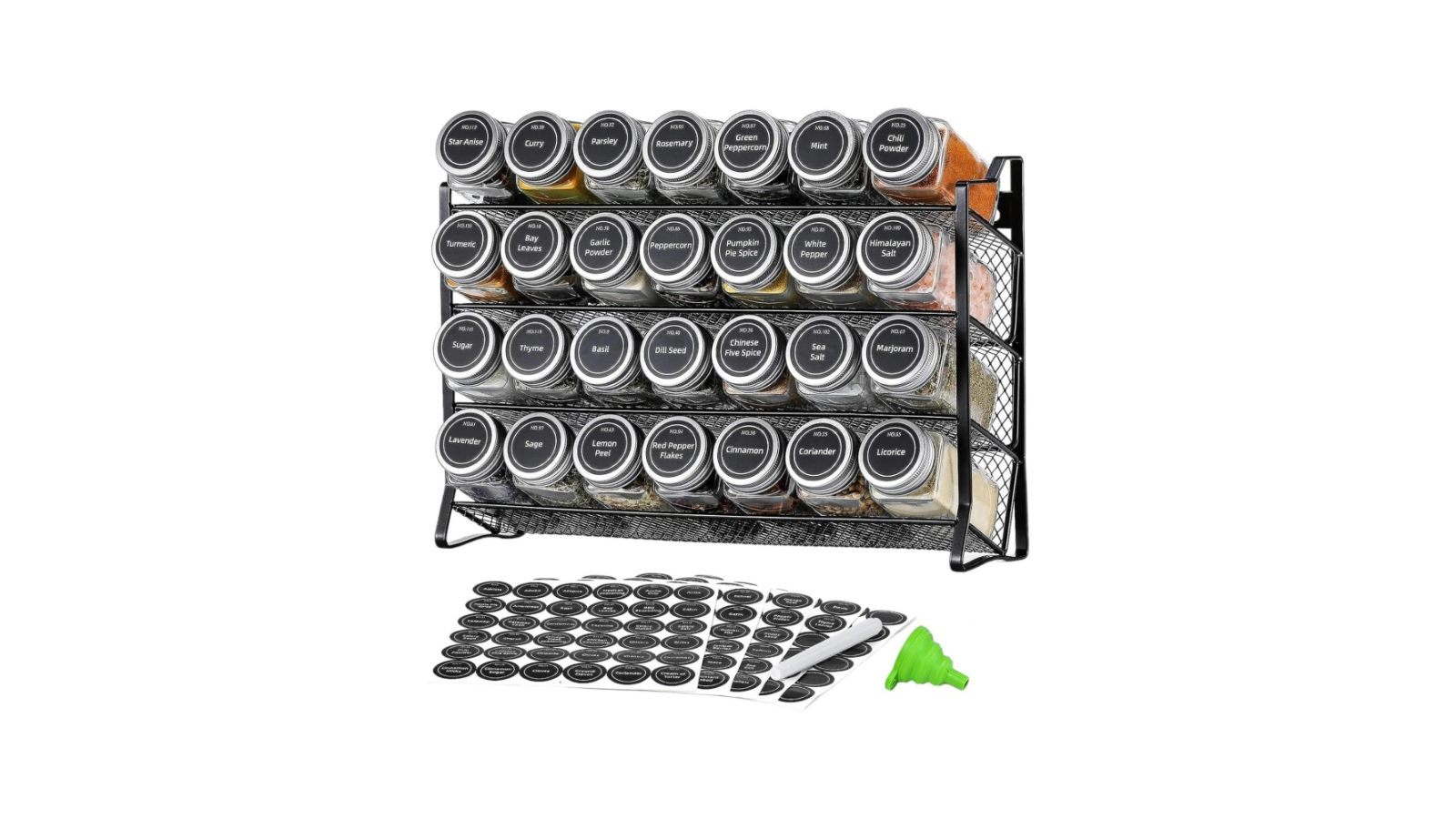 Kitchee 4-Tier Metal Spice Rack and 28 Glass Jar